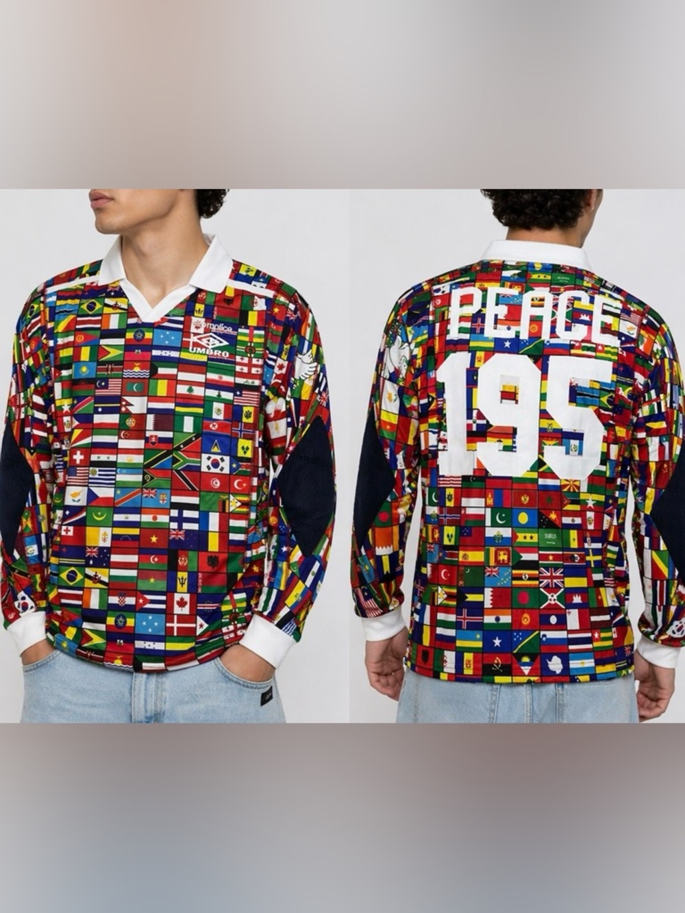 Akomplice x Umbro World Flags Peace 195 Dove rugby Jersey Shirt Men’s Medium NWT